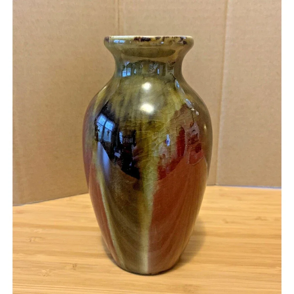 Art Pottery Flower Vase Crackle Glaze Moss Green Wine Red Brown 5.75” Small